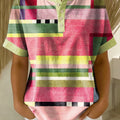 Retro Color-block Patchwork Print Loose-fit Cotton-linen Short-sleeve Shirt