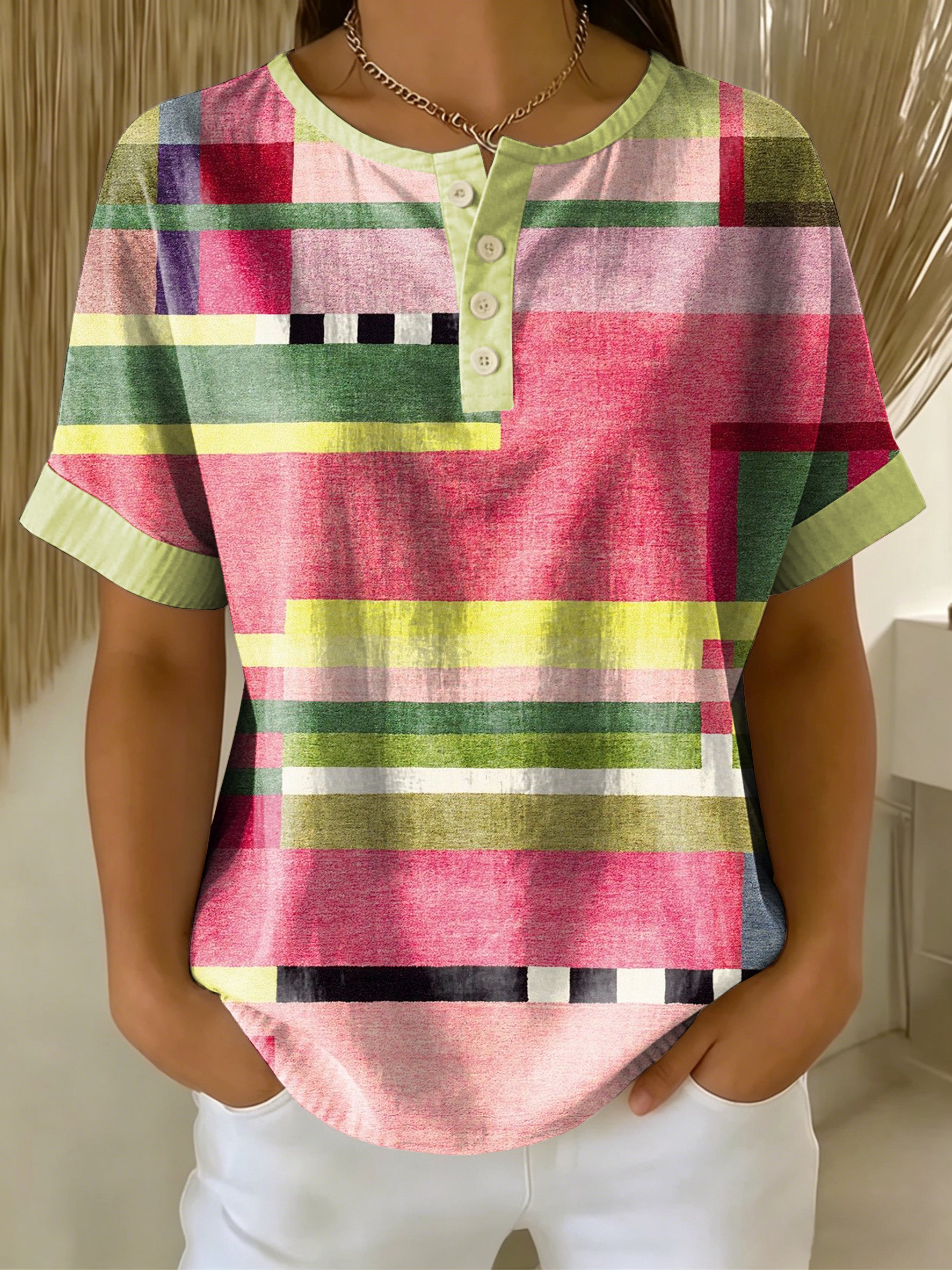 Retro Color-block Patchwork Print Loose-fit Cotton-linen Short-sleeve Shirt