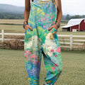 Women's Lovely Rabbits Art Print Casual 100% Cotton Wide Leg Jumpsuit