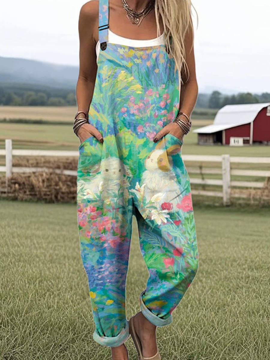 Women's Lovely Rabbits Art Print Casual 100% Cotton Wide Leg Jumpsuit