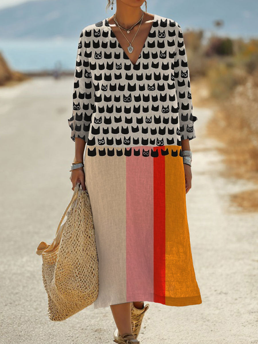 Women's  Mid Century Modern  Cat  Art Print Pocket Cotton Dress