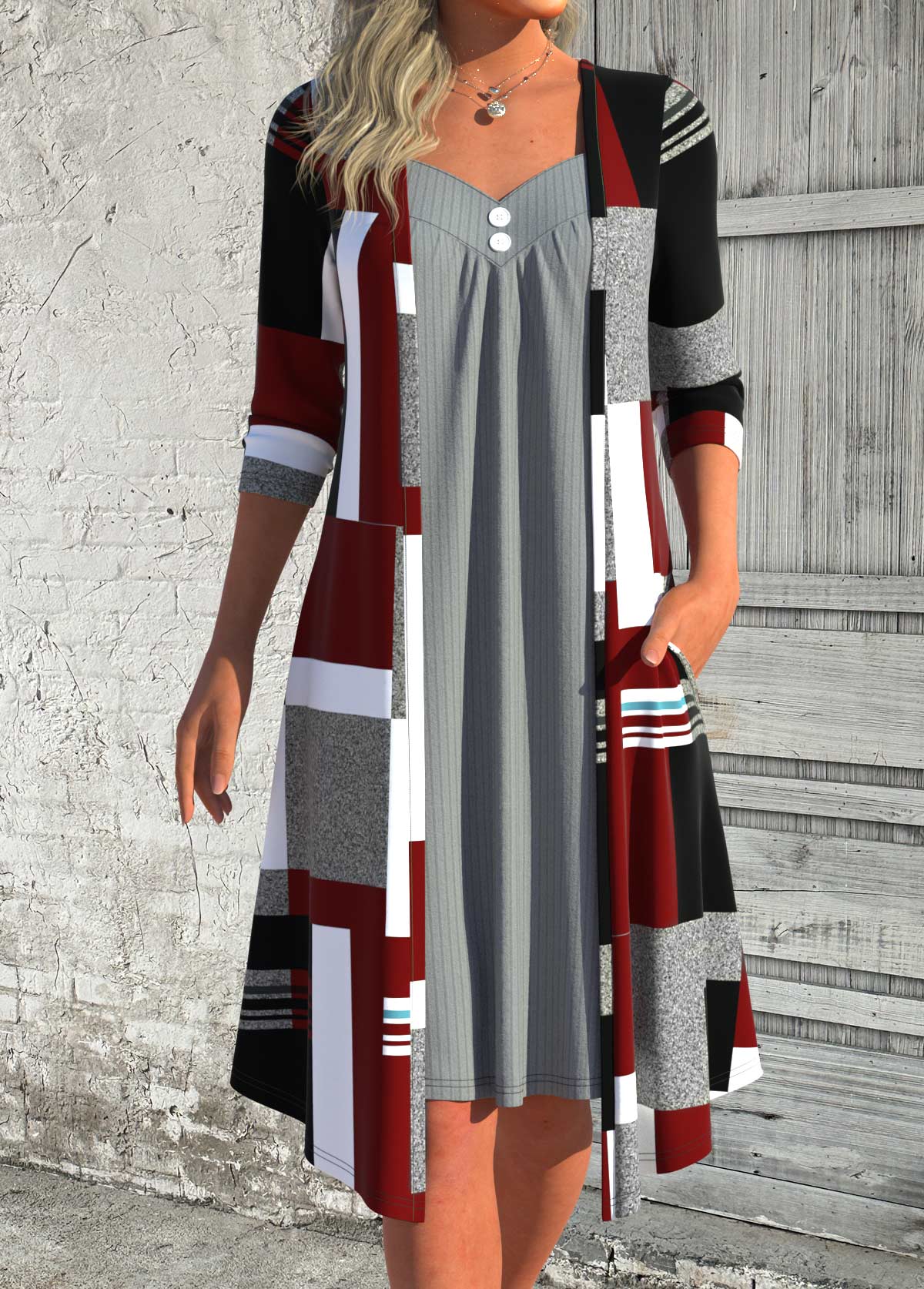 Deep Red Patchwork Geometric Print A Line Dress