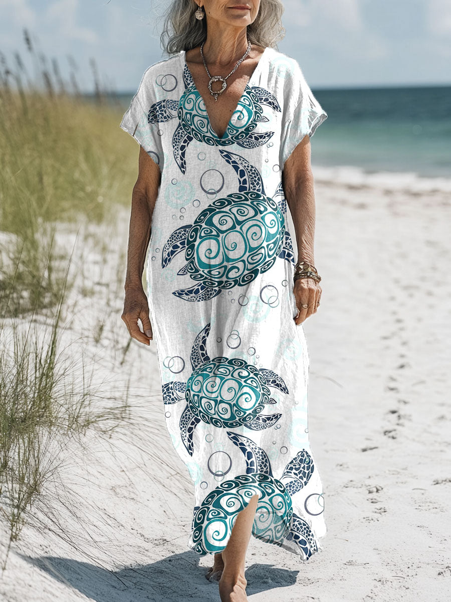Women's Turtle Art Print Pocket Cotton Dress