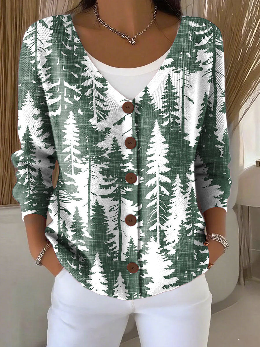 Christmas Tree Print Buttoned V-neck Cardigan Sweater