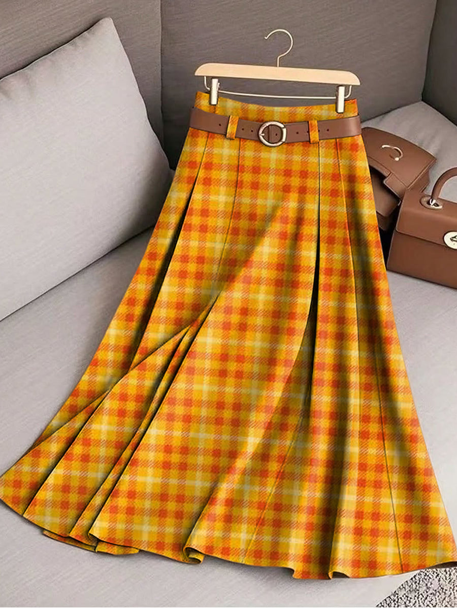 Women's Beautiful Orange Check Painting Art Print Cotton Skirt