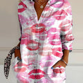 Women's Pink Lip Art Print Casual Cotton Shirt