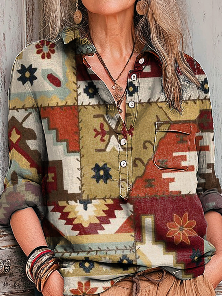Women's Vintage Ethnic Abstract Geometric Painting Art Print Casual Cotton And Linen Shirt