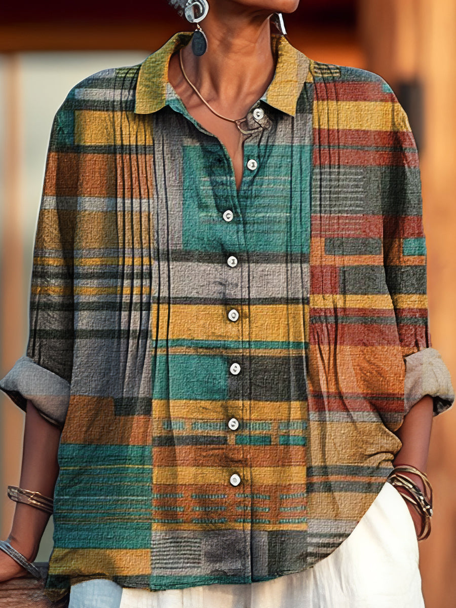 Women's Vintage Multicolor Geometric Stripe Painting Art Print Casual Cotton And Linen Ruffle Shirt