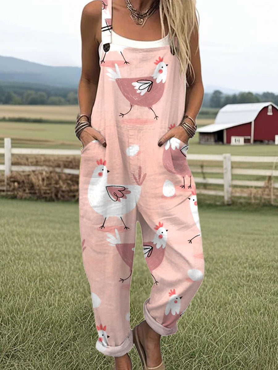 Women's Funny Chick Art  Print Casual 100% Cotton Wide Leg Jumpsuit