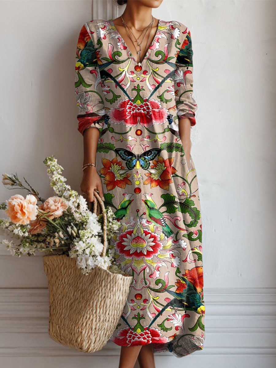 Women's Vintage Floral Art Print Linen Pocket Dress