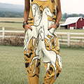 Women's Vintage Horse Print Casual 100% Cotton Wide Leg Jumpsuit