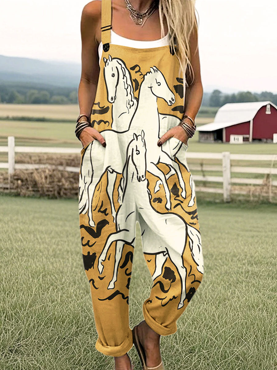 Women's Vintage Horse Print Casual 100% Cotton Wide Leg Jumpsuit
