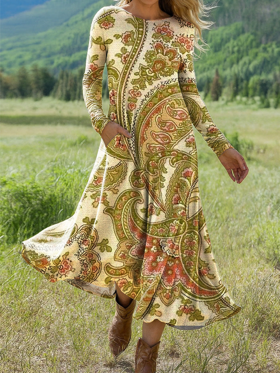Women's Beautiful Ethnic Paisley Pattern Drawing Art Print Long-sleeved Dress