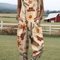 Women's Vintage Western Pattern Art Print Casual 100% Cotton Wide Leg Jumpsuit