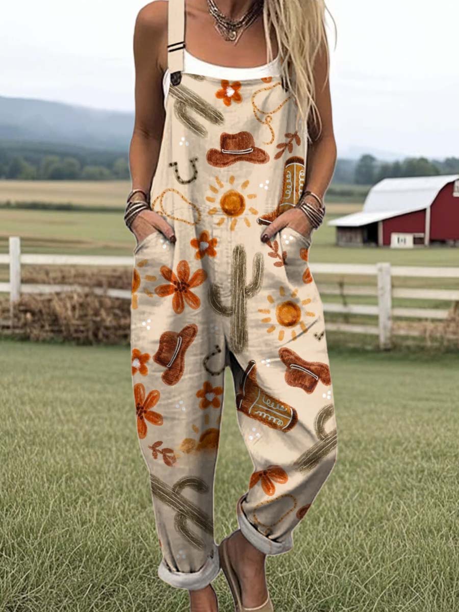 Women's Vintage Western Pattern Art Print Casual 100% Cotton Wide Leg Jumpsuit