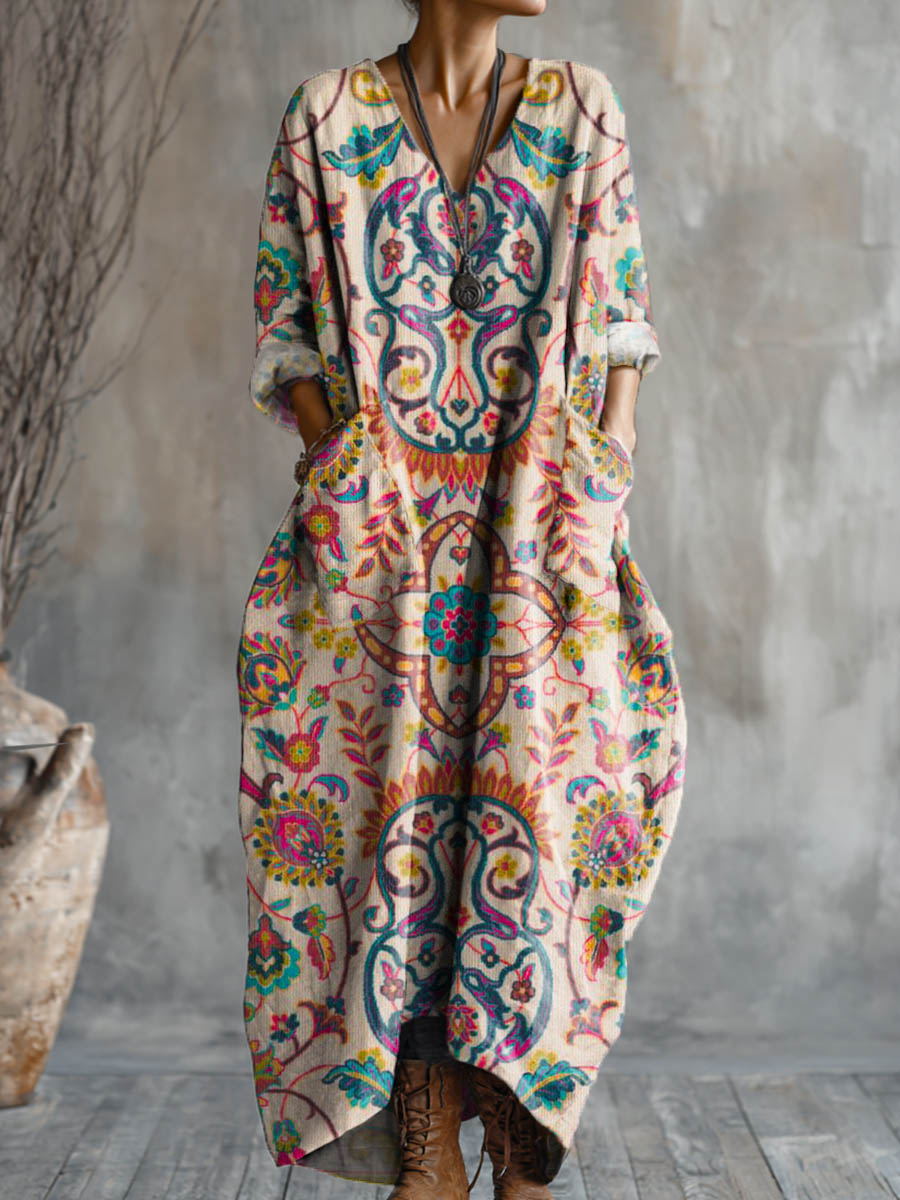 Women's Vintage Floral Pattern Art Print Pocket V-neck Cotton Dress