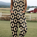 Women's  Vintage Abstract Geometric Art Print Casual 100% Cotton Wide Leg Jumpsuit
