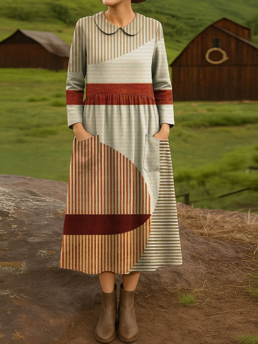 Women's Vintage Abstract Geometric Art Print Cotton Lapel Button-Down Shirt Dress