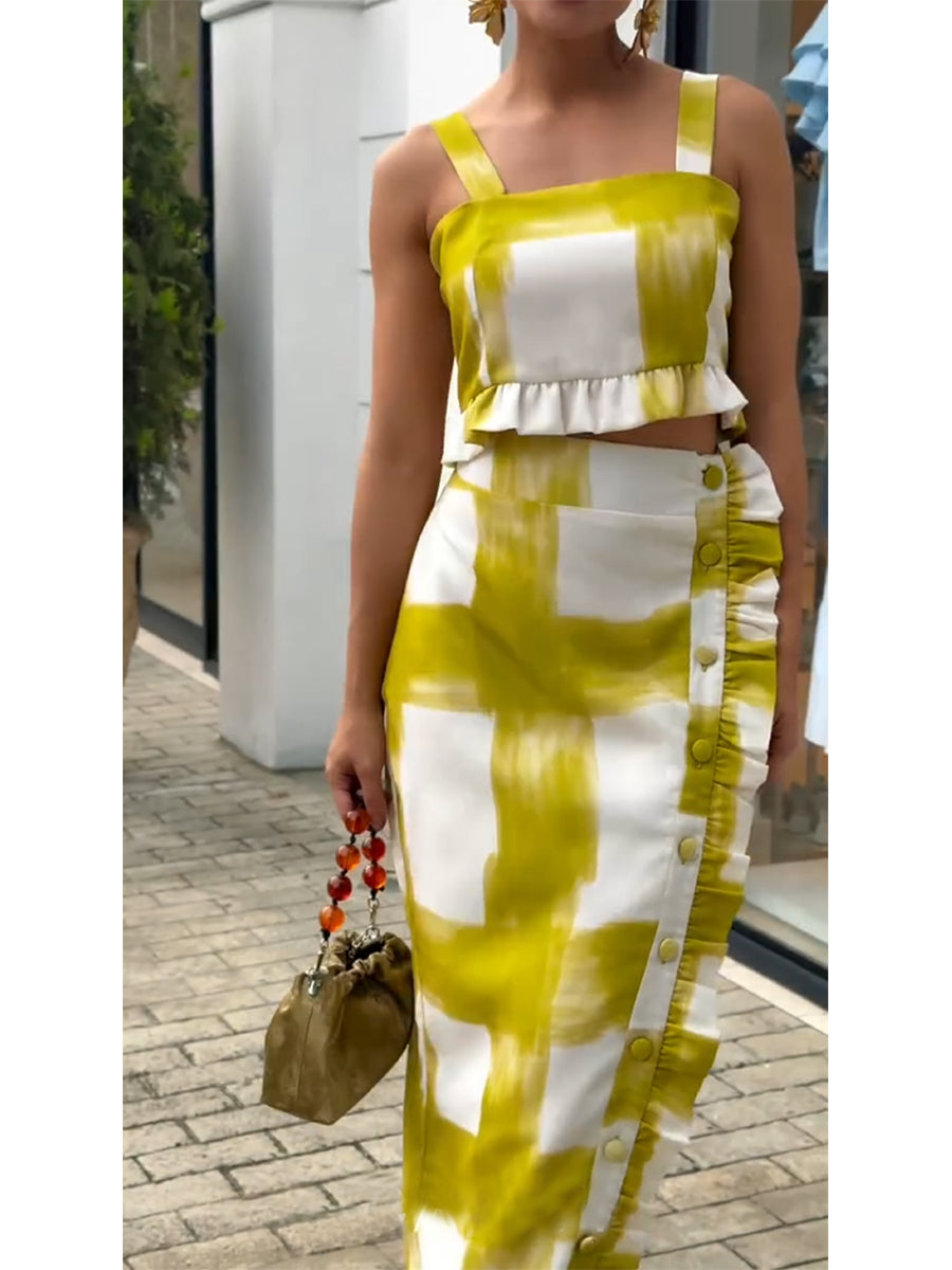 Women's Brushstroke Print Sleeveless Top and Ruffled Skirt Two-Piece Set