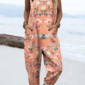 Women's Vintage Abstract Bee Floral Art Print Casual 100% Cotton Wide Leg Jumpsuit