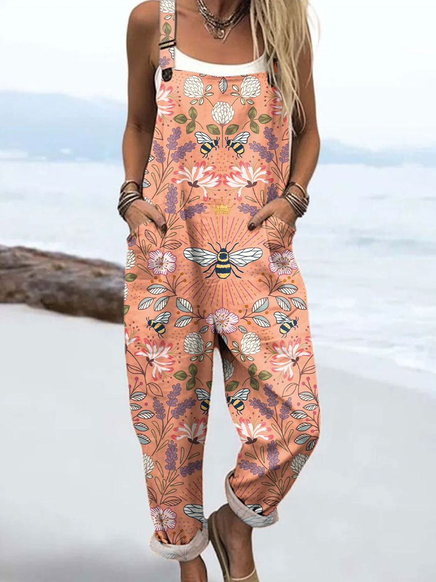 Women's Vintage Abstract Bee Floral Art Print Casual 100% Cotton Wide Leg Jumpsuit