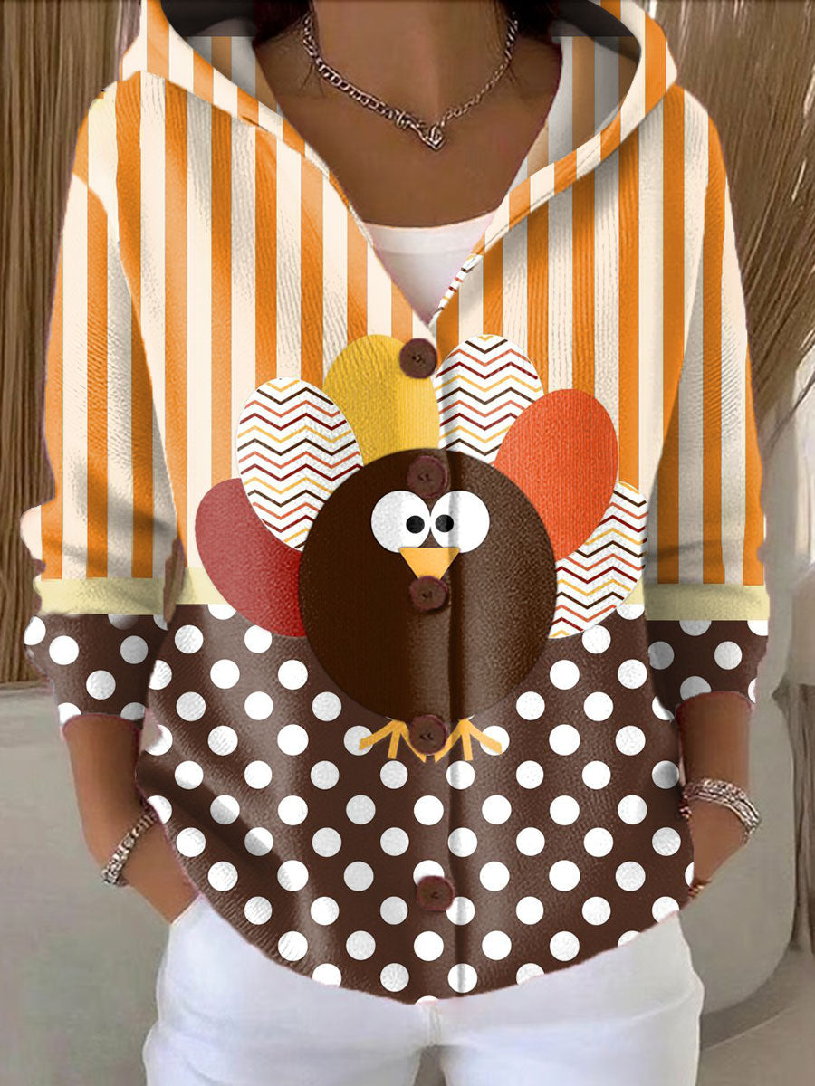 Women's Thanksgiving Retro Turkey Art Printed Casual Hooded Button Sweater