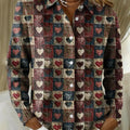 Women's Vintage Plaid Heart Printed Collared Sweater