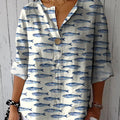 Women's Printed with Small Blue Fish Casual Cotton Linen Shirt