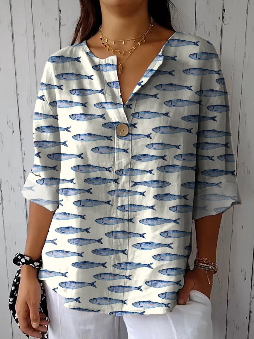 Women's Printed with Small Blue Fish Casual Cotton Linen Shirt