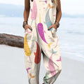 Women's Colourful Art Abstract Fish Print Casual 100% Cotton Wide Leg Jumpsuit