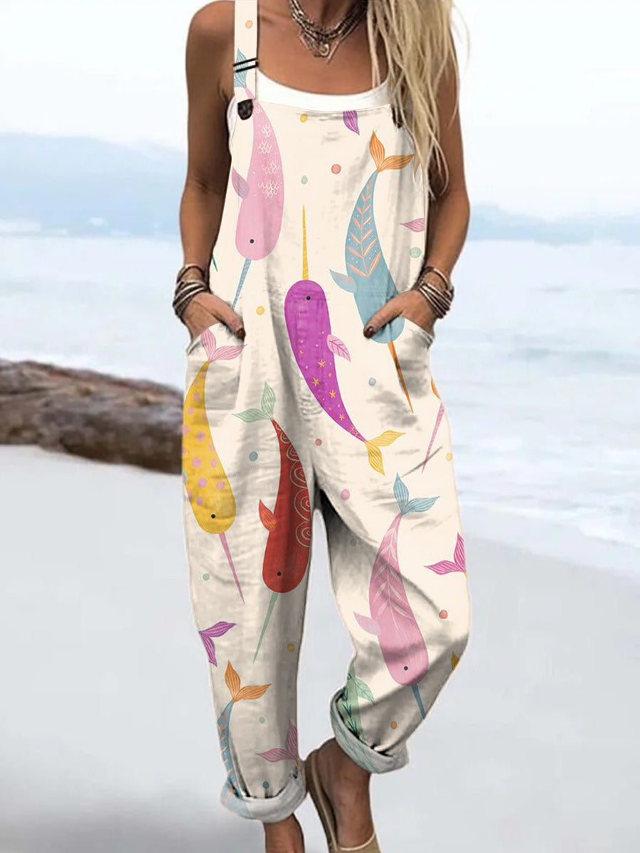 Women's Colourful Art Abstract Fish Print Casual 100% Cotton Wide Leg Jumpsuit