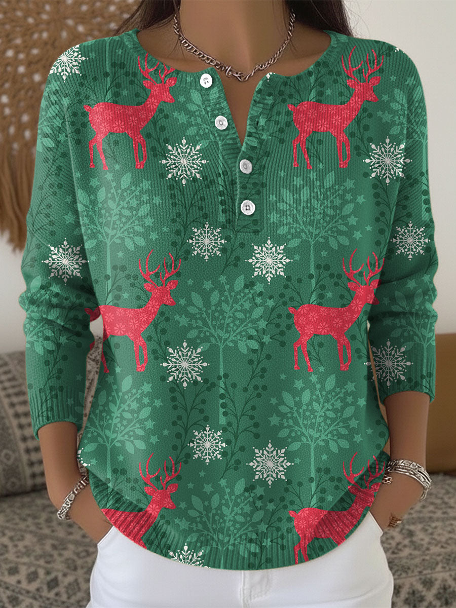Women's Christmas Snowflake Elk Pattern Art Print Buttoned Cardigan Sweater