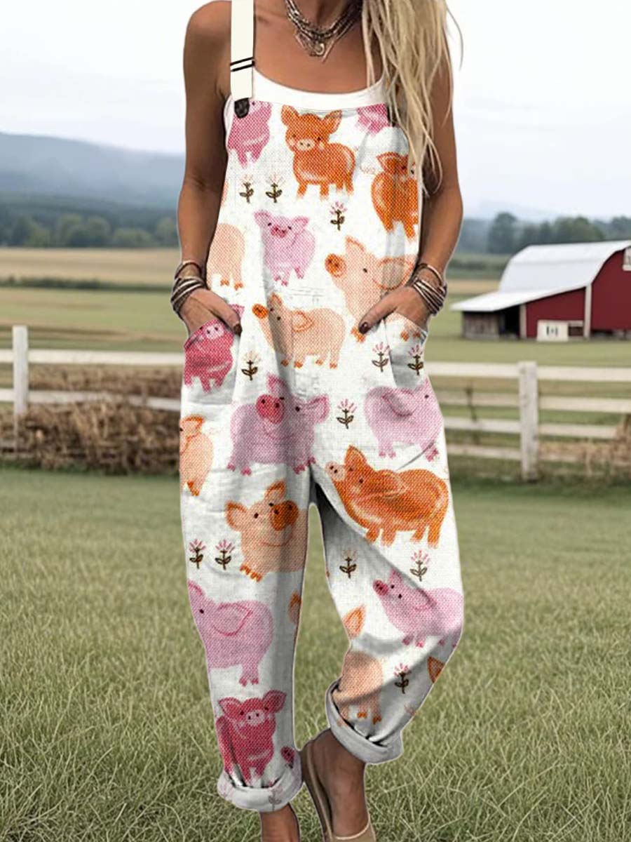 Women's Cute Pigs Art Print Casual 100% Cotton Wide Leg Jumpsuit
