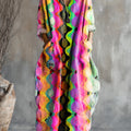 Women's Abstract Colorful Wave Stripes Painting Art Print Pocket V-neck Cotton Dress