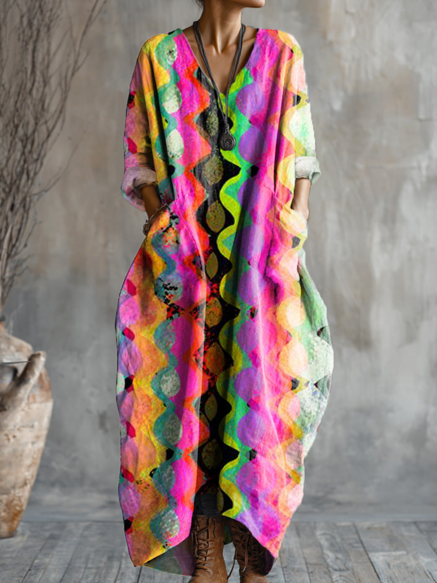 Women's Abstract Colorful Wave Stripes Painting Art Print Pocket V-neck Cotton Dress