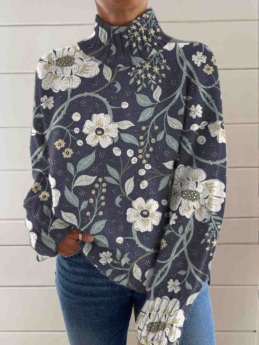 womens-retro-artistic-floral-print-knit-turtleneck-pullover-sweater