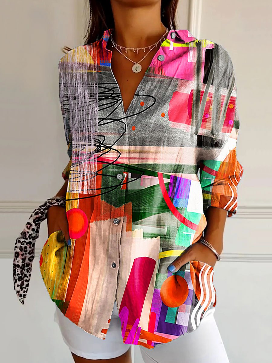 Women's Vintage Vibrant Colorful Abstract Art Print Casual Cotton Shirt