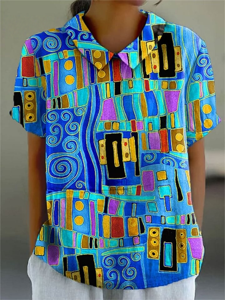 Women's Abstrct Art Print Casual Cotton And Linen Shirt