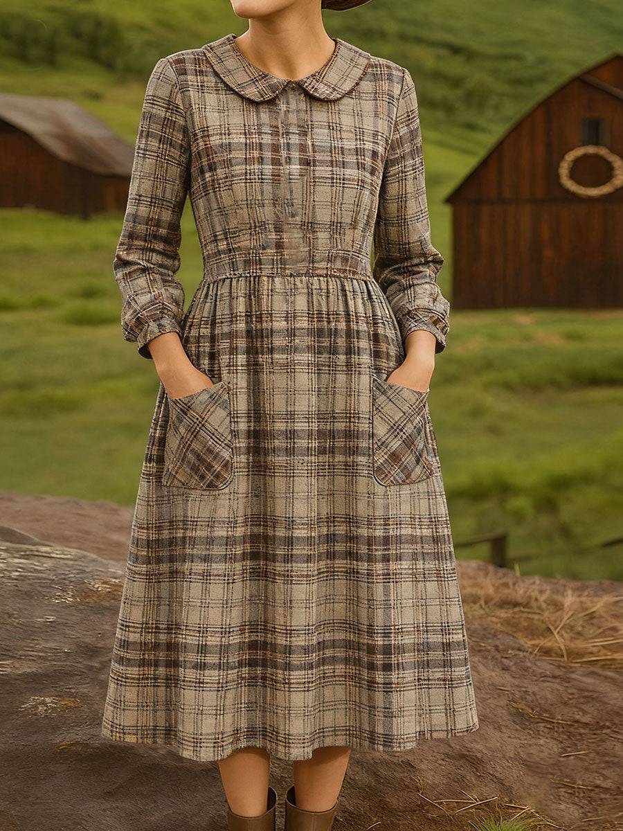 Women's Vintage  Plaid  Art Print Cotton Lapel Button-Down Shirt Dress