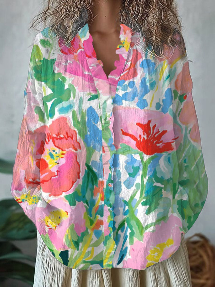 Women's Vintage Flower Art Print Casual Cotton And Linen Ruffle Shirt