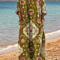 Women's Vintage Ethnic Rhombus Geometric Floral Art Print Pocket V-neck Cotton Dress