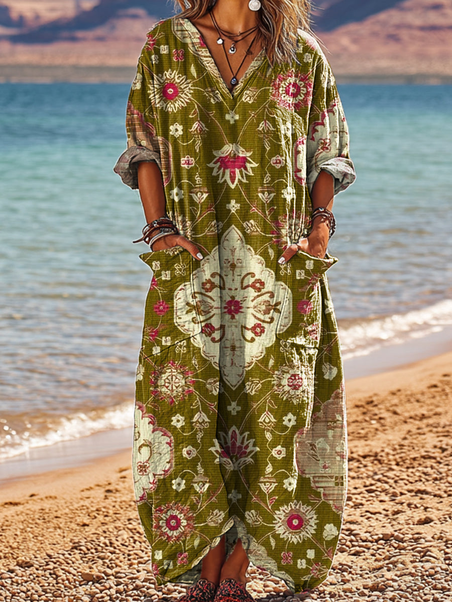 Women's Vintage Ethnic Rhombus Geometric Floral Art Print Pocket V-neck Cotton Dress
