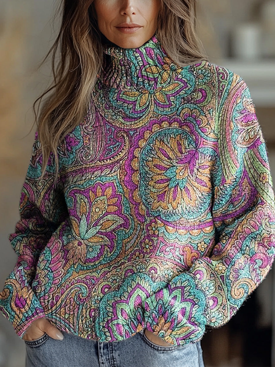 womens-retro-ethnic-art-flowers-print-knit-turtleneck-pullover-sweater