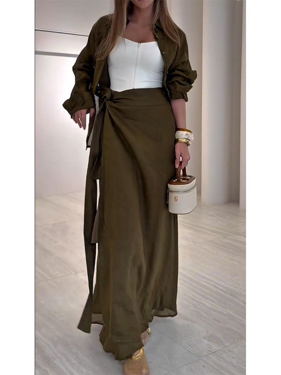 Women's Cotton and Linen Long Sleeve Shirt and Skirt Set