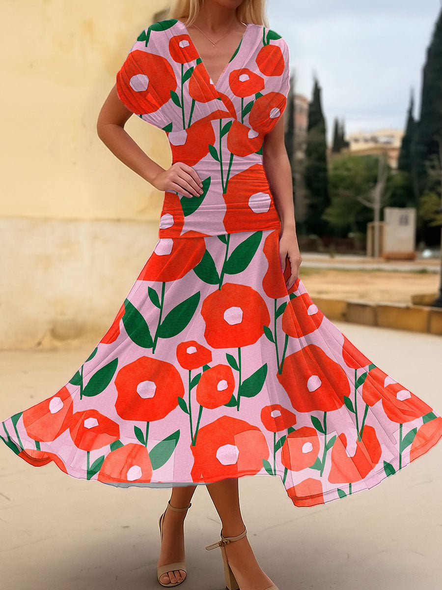 Women's Vintage Flower Art Print  Flowy Casual Dress