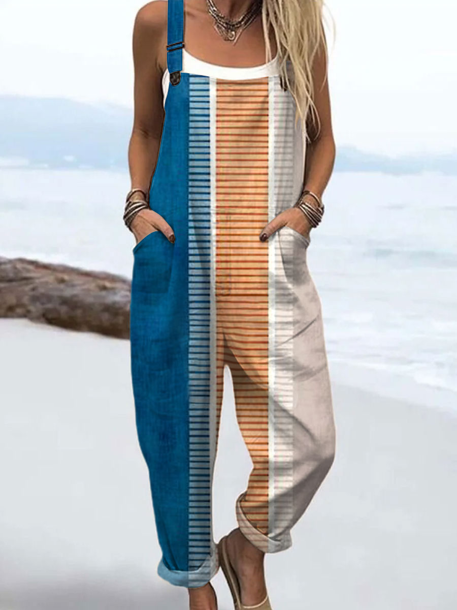 Women's Vintage Abstract Geometric Art Print Casual 100% Cotton Wide Leg Jumpsuit