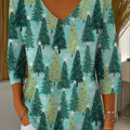 Women's Christmas Graphic Print V-Neck 3/4 Sleeve Casual Loose Pullover Sweater