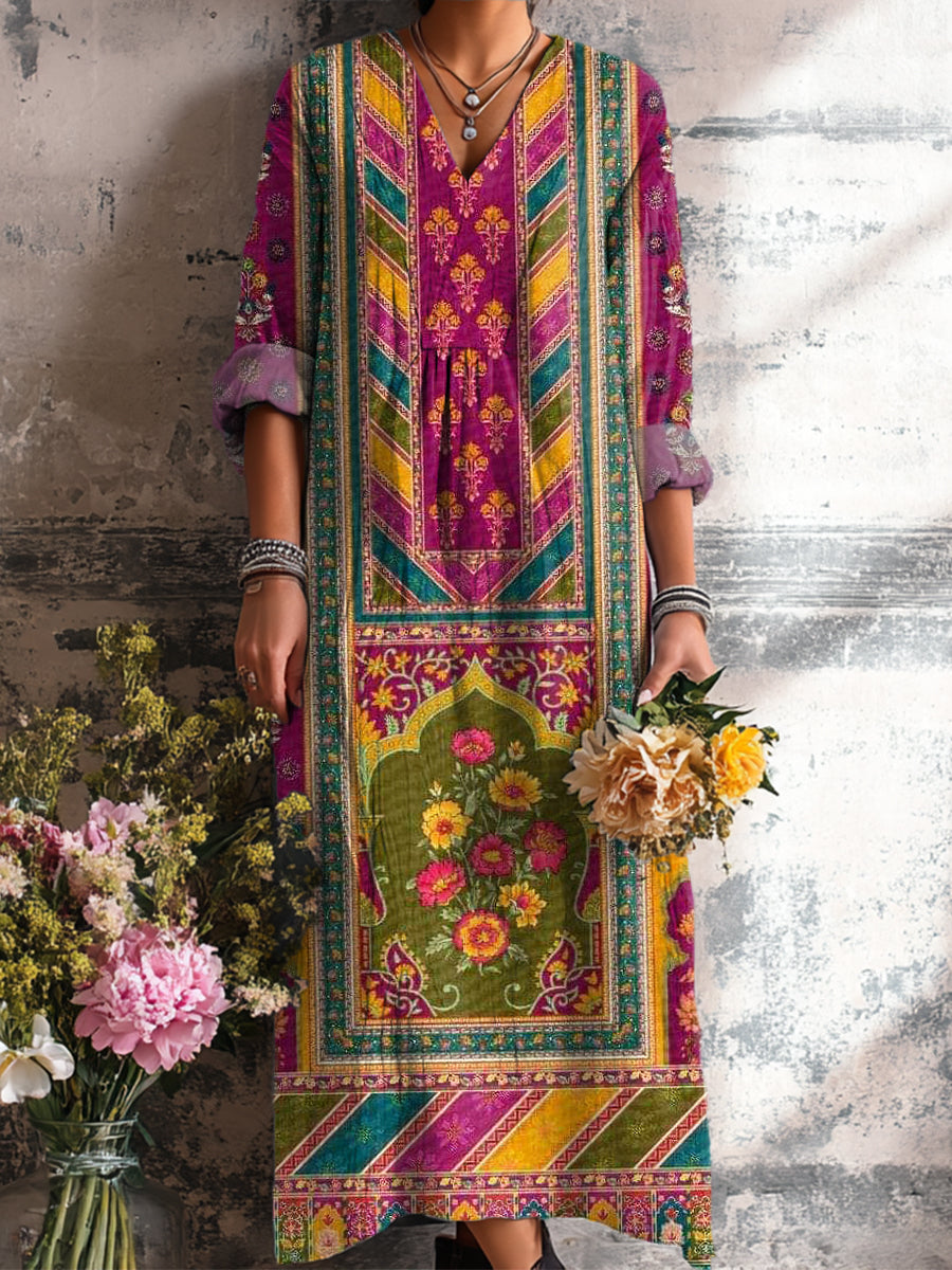 Women's Ethnic Diamond Geometric Floral Painting Art Print Dress