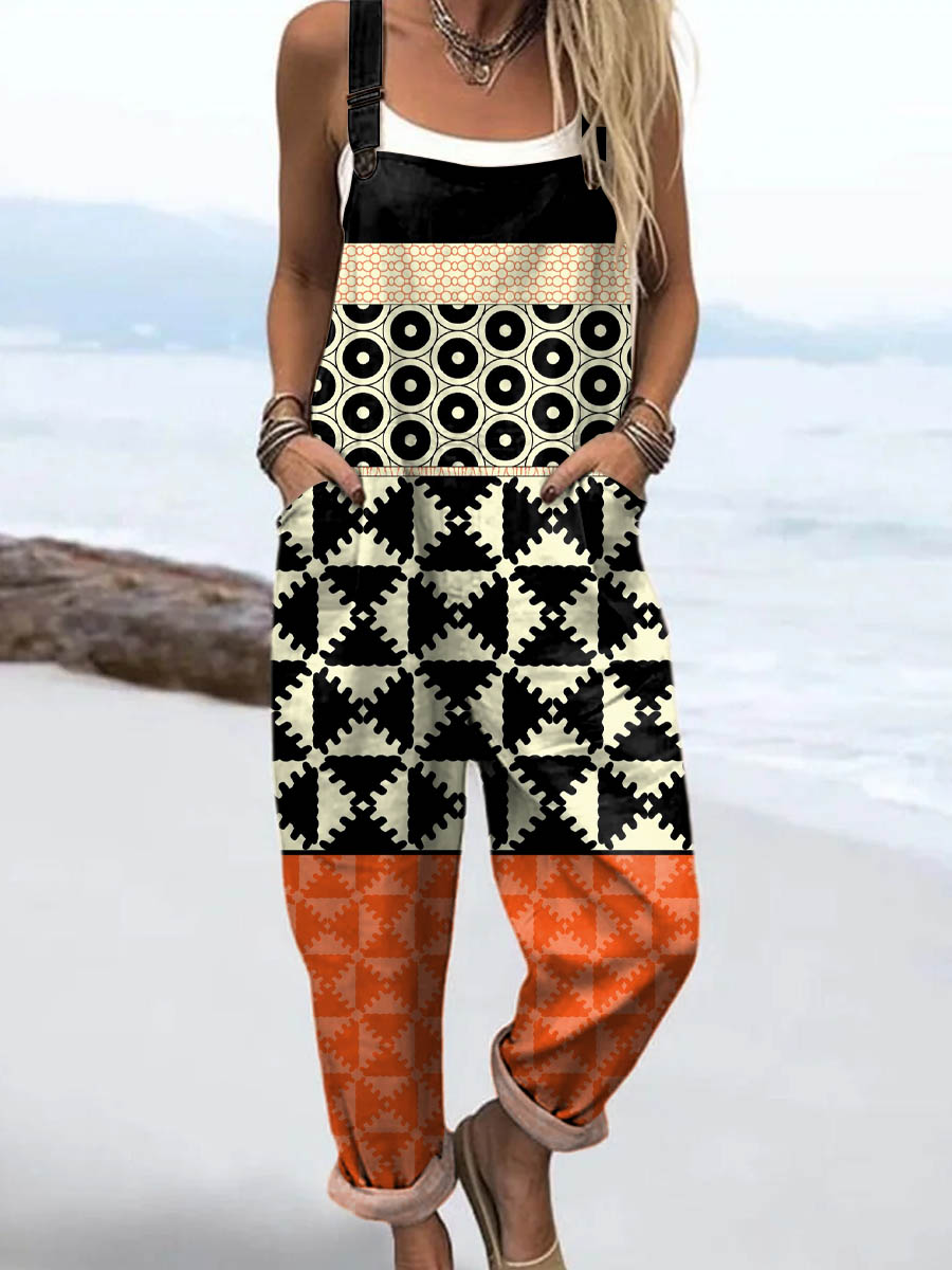 Women's Abstract Geometric Pattern Art Print Casual 100% Cotton Wide Leg Jumpsuit