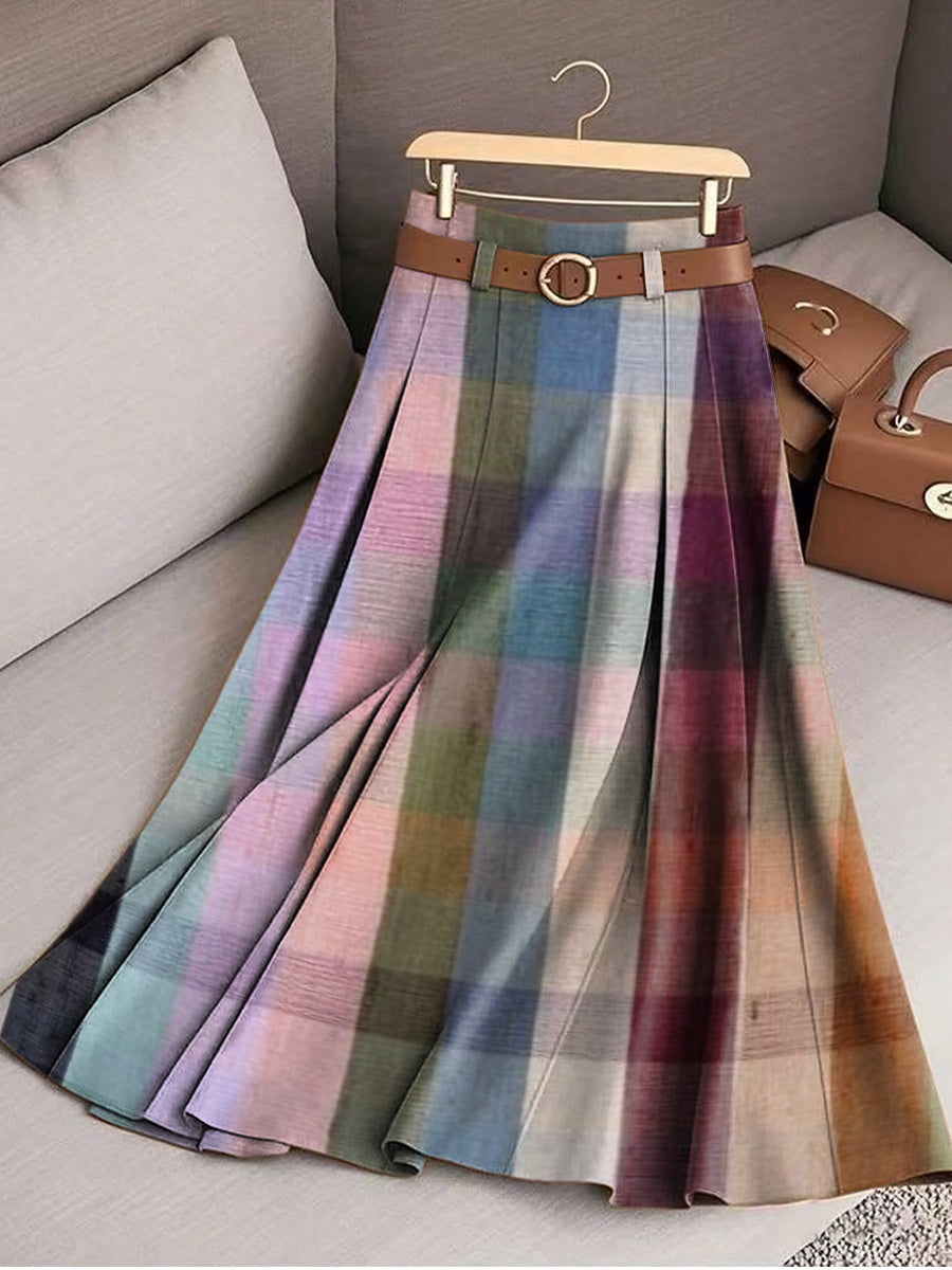 Women's Beautiful Colorful Plaid Painting Art Print Cotton Skirt